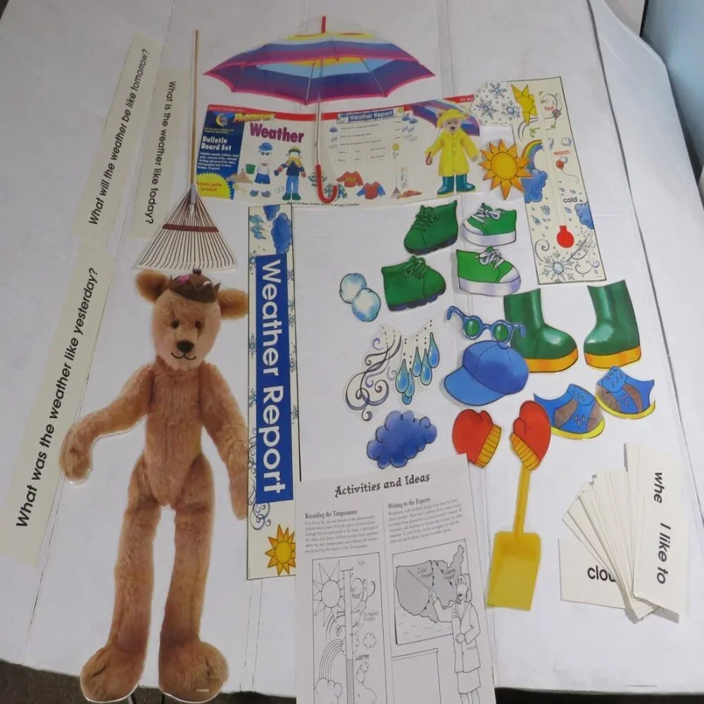 Weather Report with Teddy Bear Dress Up LAMINATED BULLETIN BOARD SET 1990s